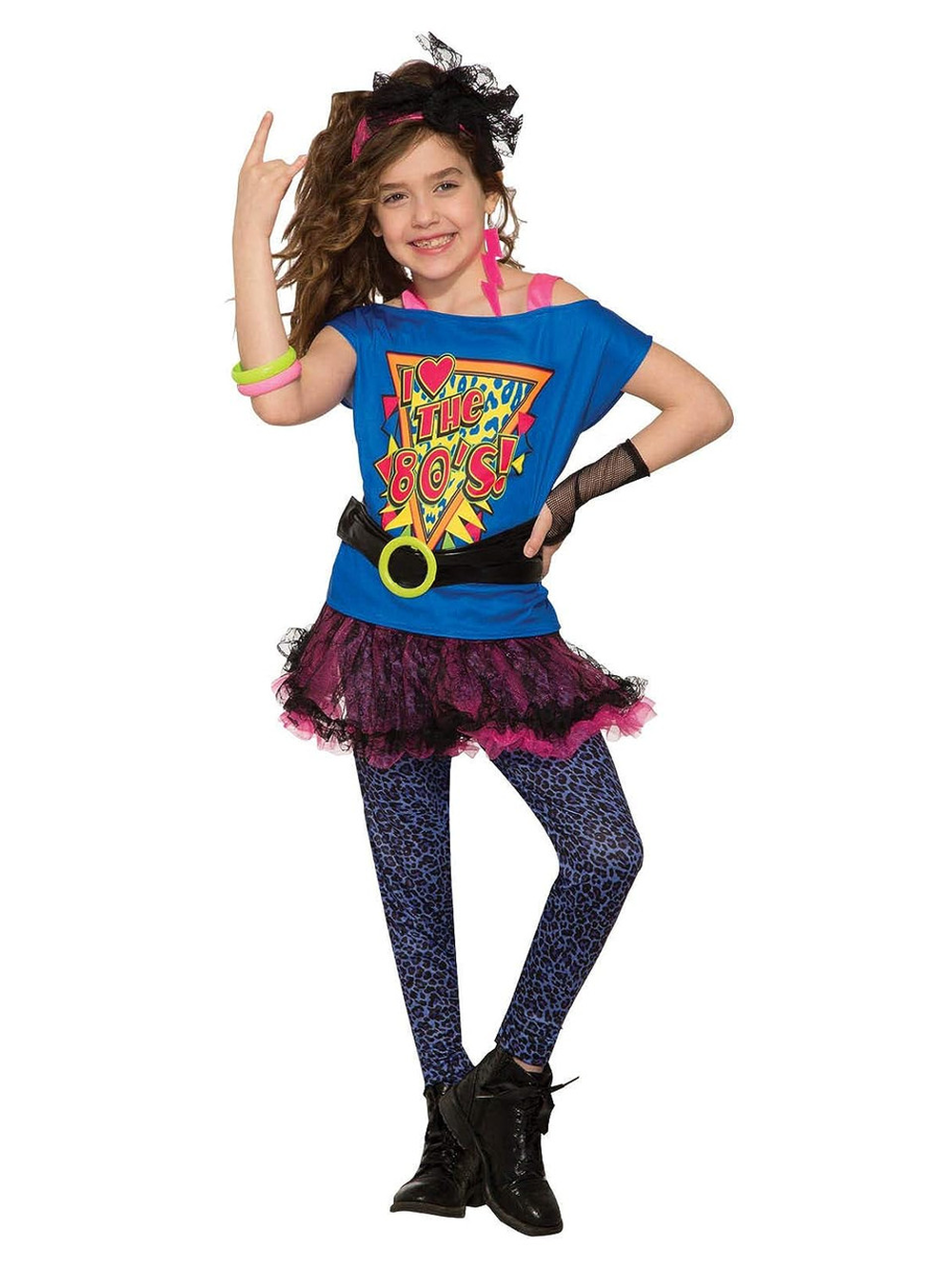 Teen girl in 80s rocker outfit with guitar