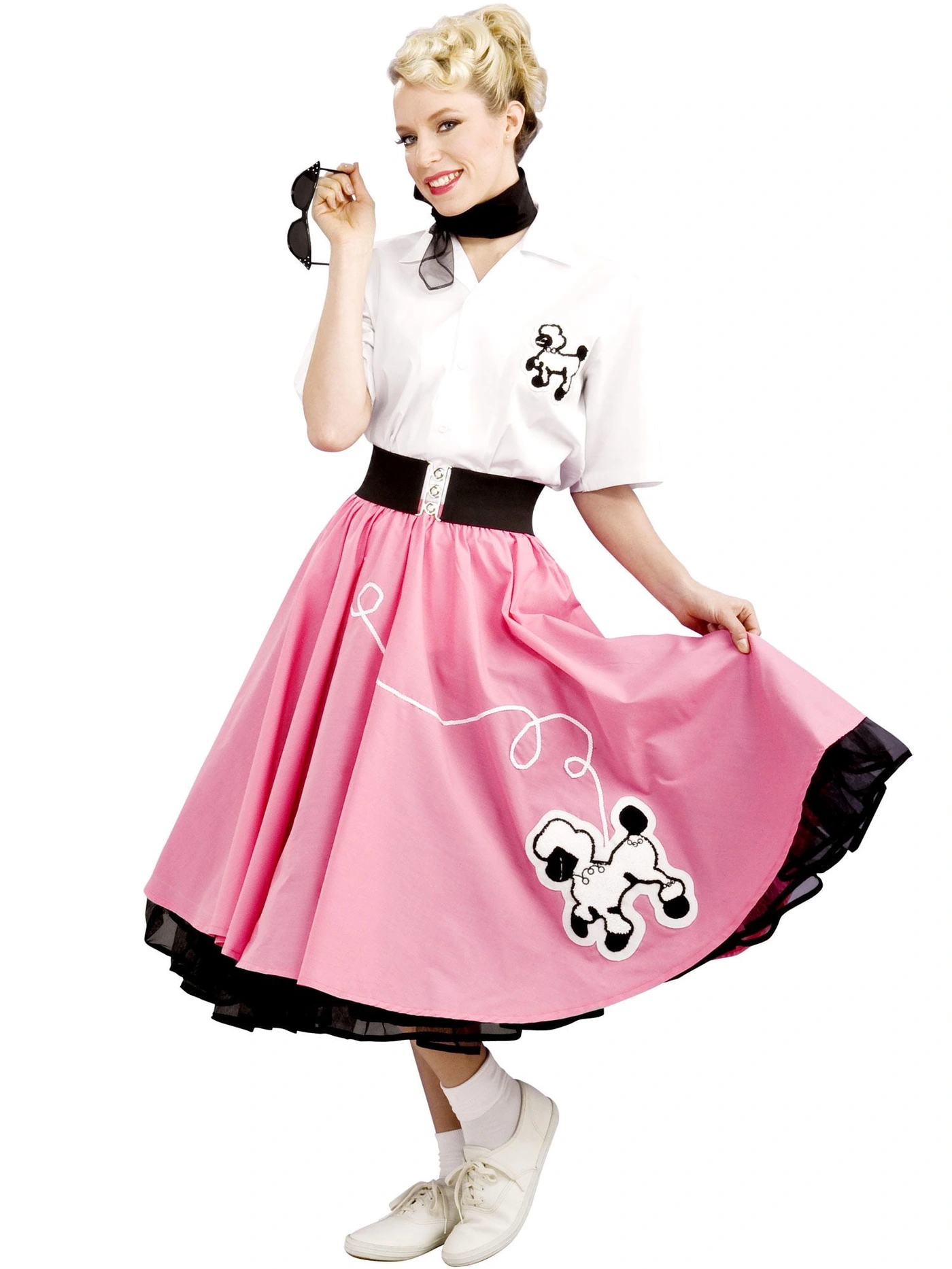 Woman in 50s sock hop poodle skirt outfit