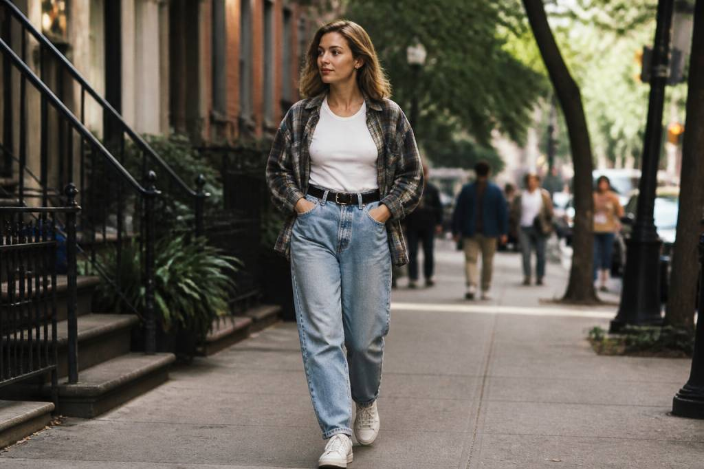 Woman in 90s mom jeans and flannel outfit