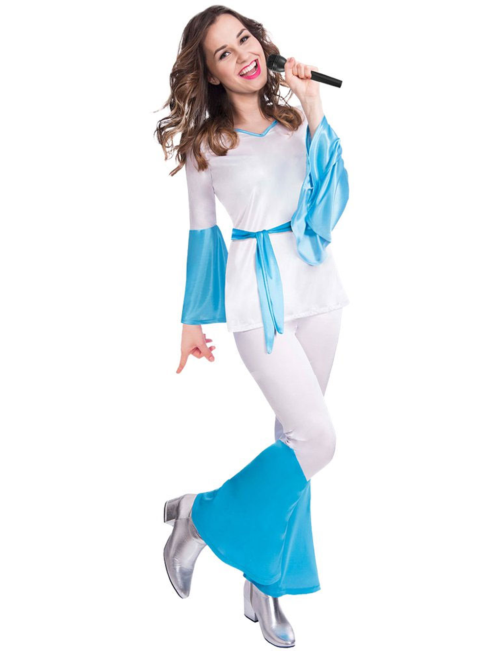 Woman in 70s ABBA style jumpsuit costume