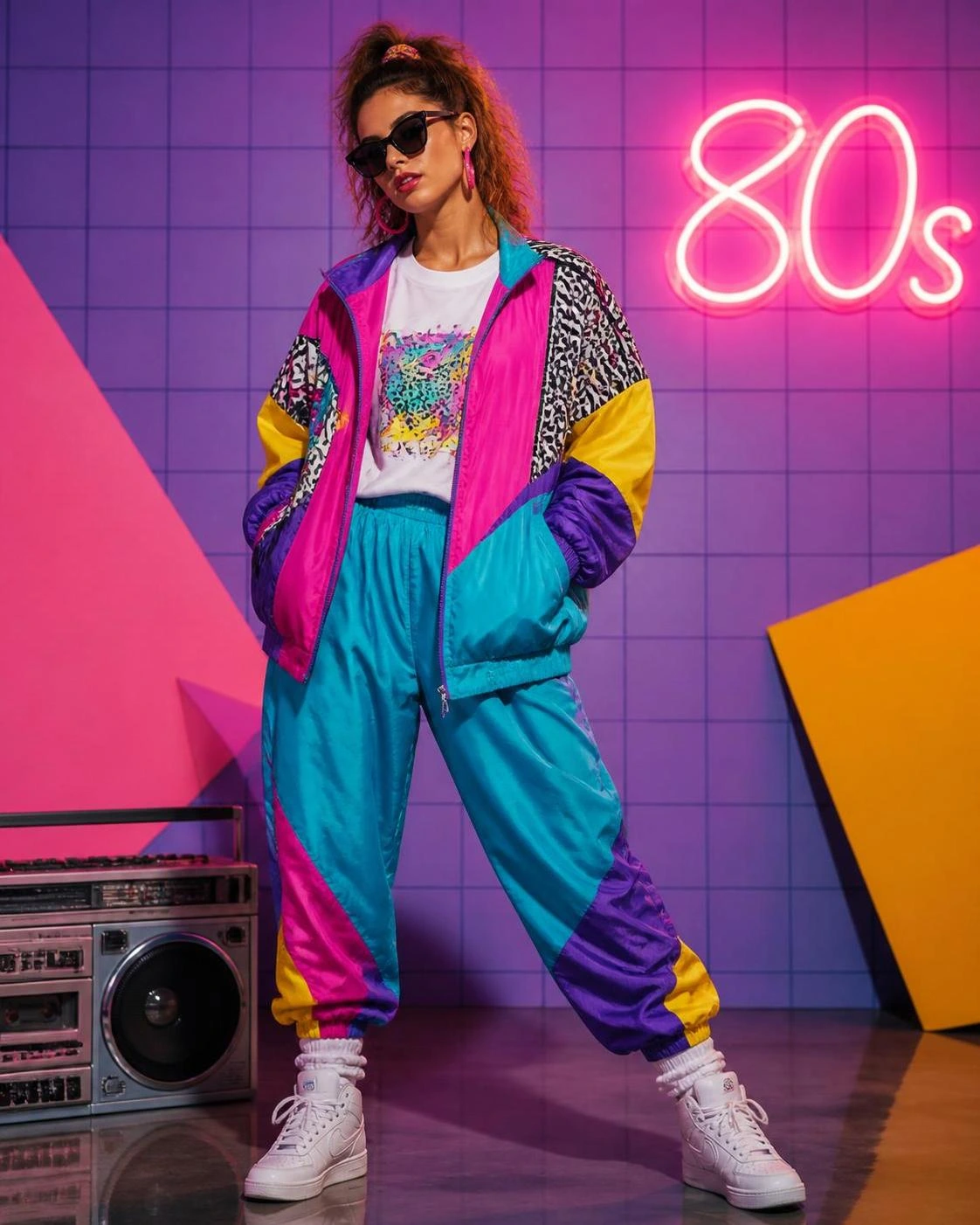 Woman in 80s neon mall outfit