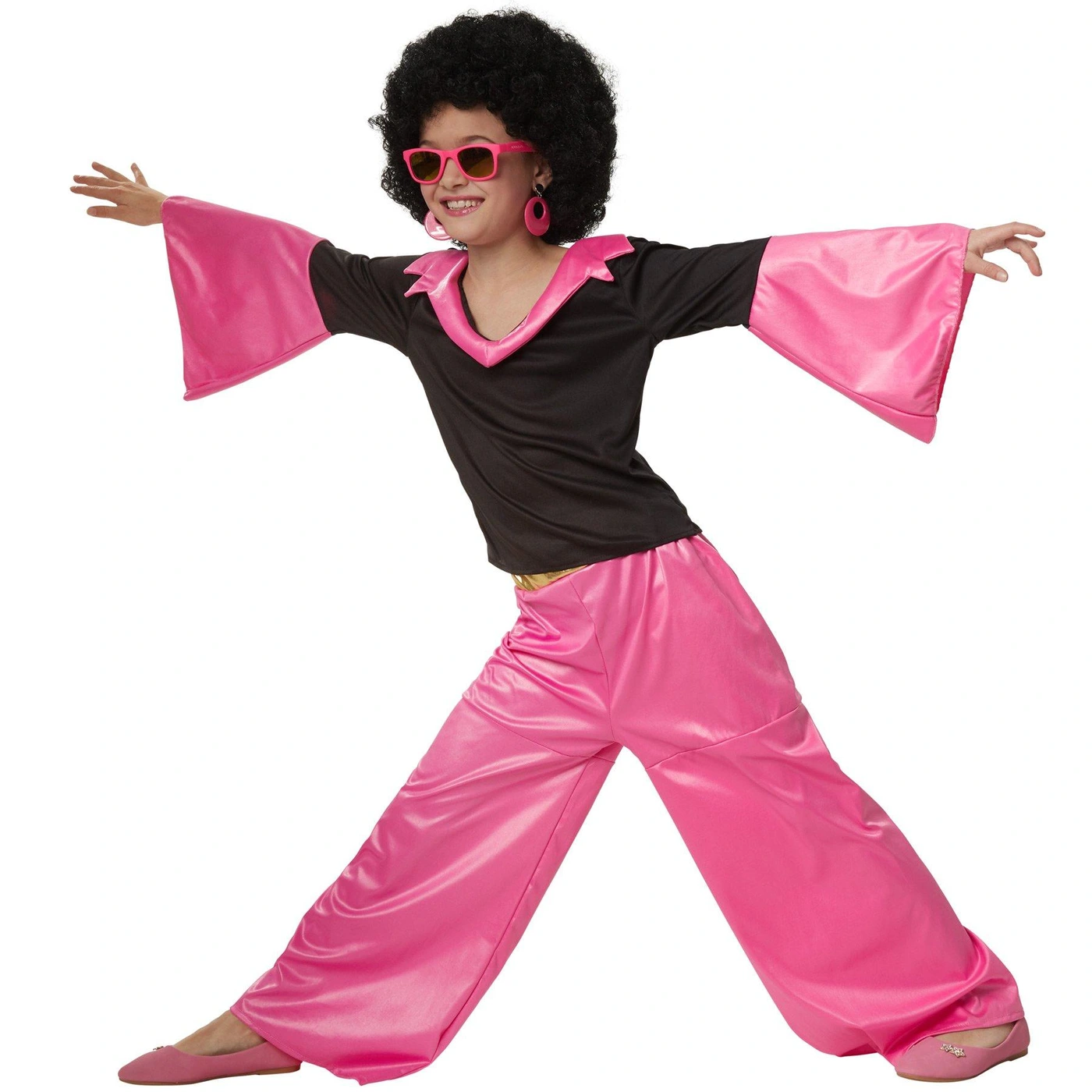 Woman in 1970s disco outfit with pink jumpsuit