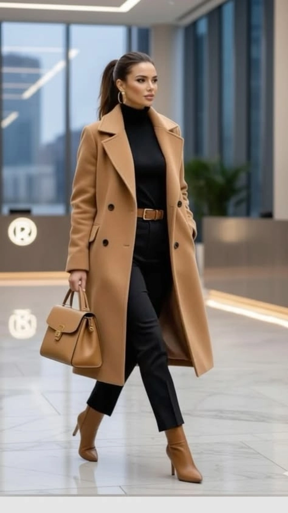 Woman in a camel coat over a black top and tailored trousers, carrying a tan bag