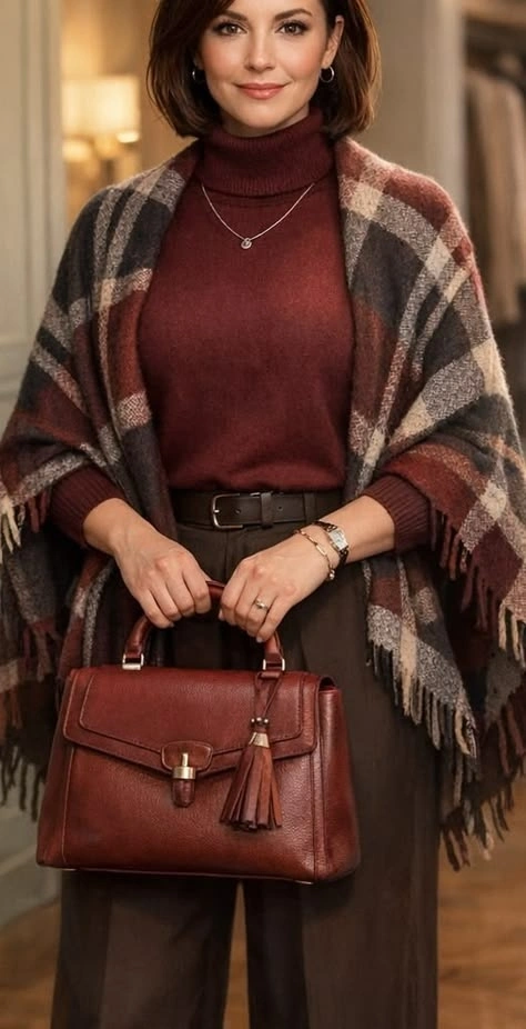 Woman wearing a burgundy sweater with a plaid wrap and carrying a burgundy bag