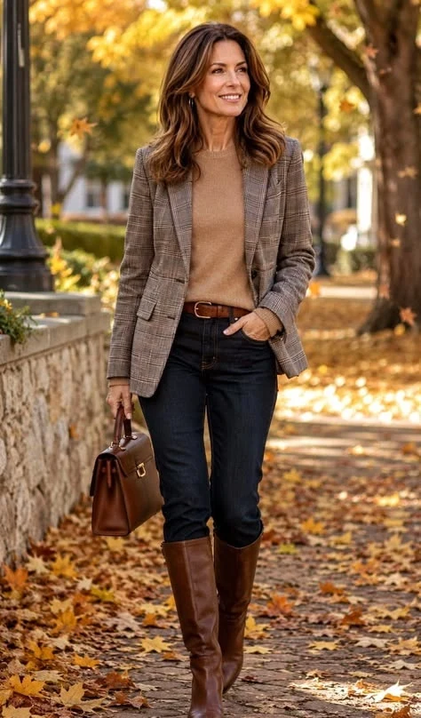 Woman in a plaid blazer with a cream top and dark jeans, holding a brown bag