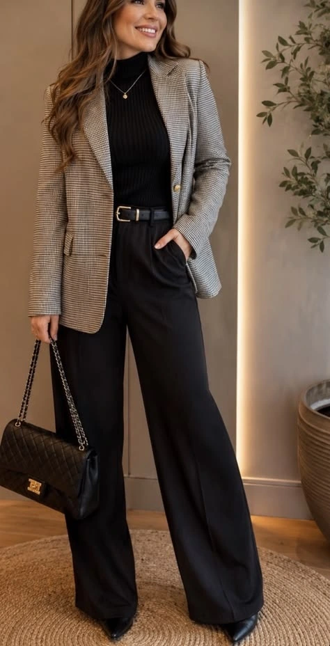 Woman in a grey blazer and black wide trousers with a black bag