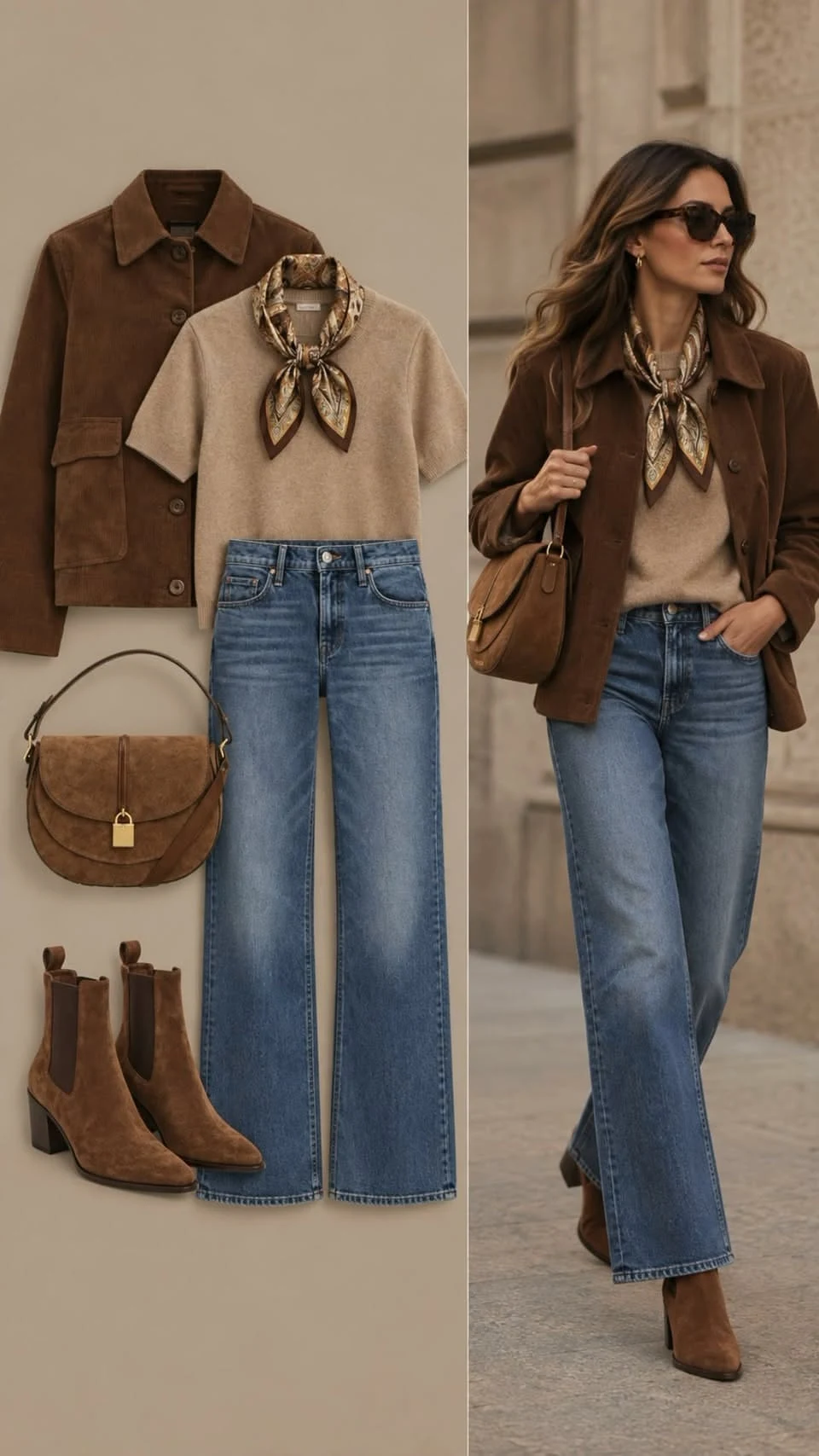 Woman in a brown suede jacket and jeans with brown suede ankle boots