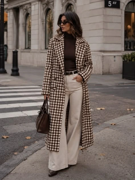 Woman in a houndstooth coat over a black top and cream trousers