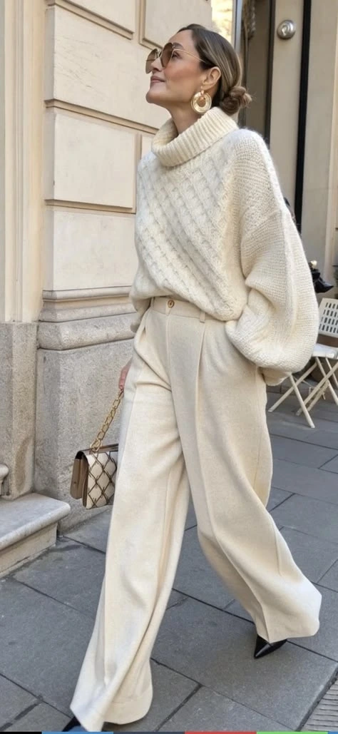 Woman in a cream chunky knit sweater and cream wide trousers