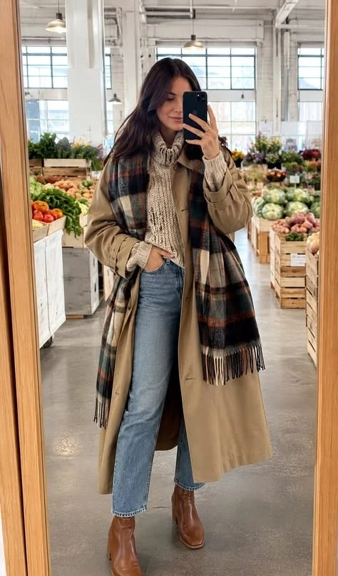 Woman in a checked coat with a plaid scarf, jeans, and tan boots
