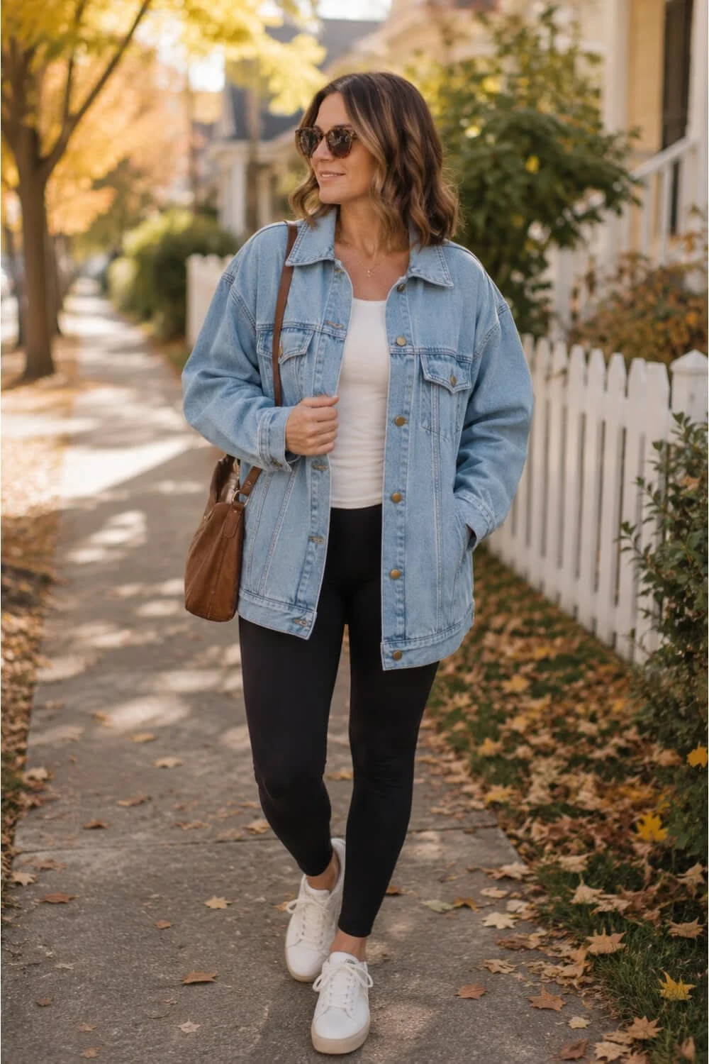 Denim jacket with black leggings and white sneakers