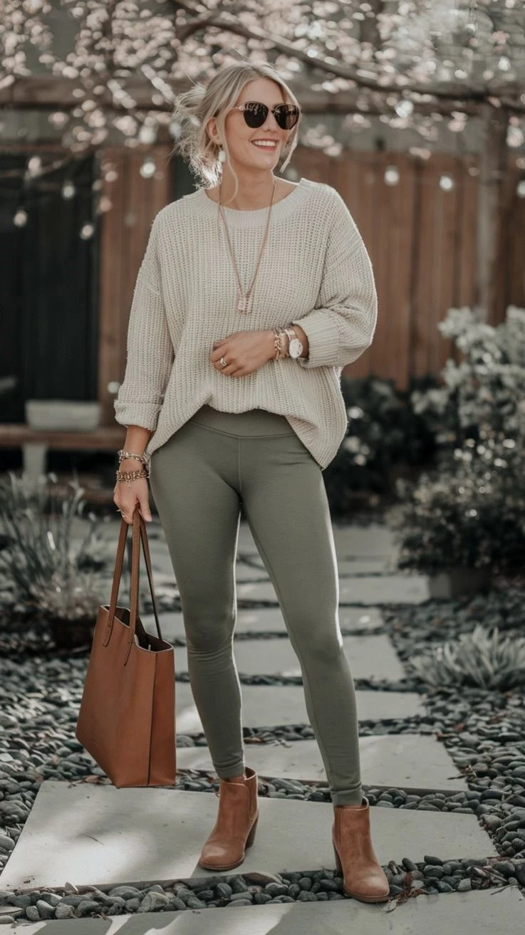 Olive leggings with cream sweater and tan boots