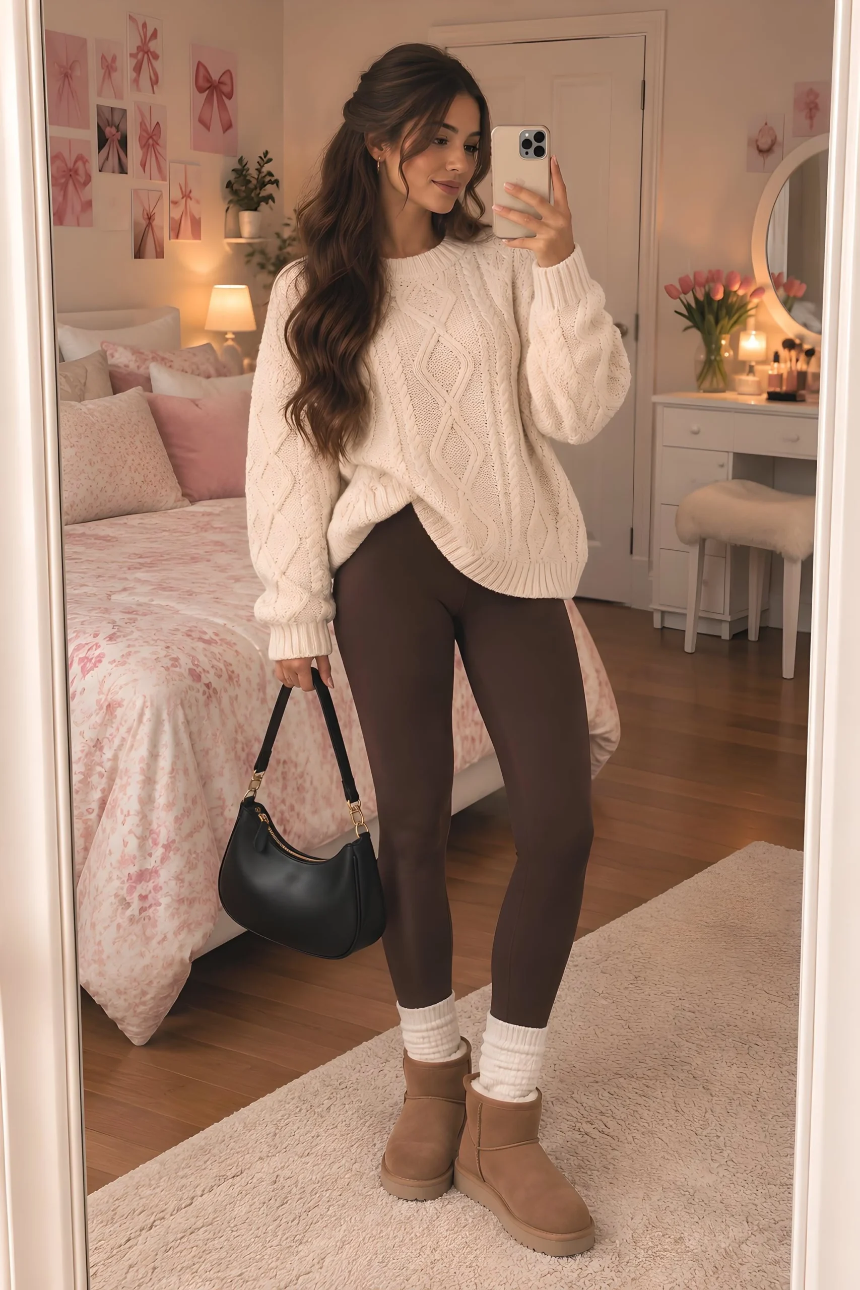 Cream cable knit sweater with brown leggings