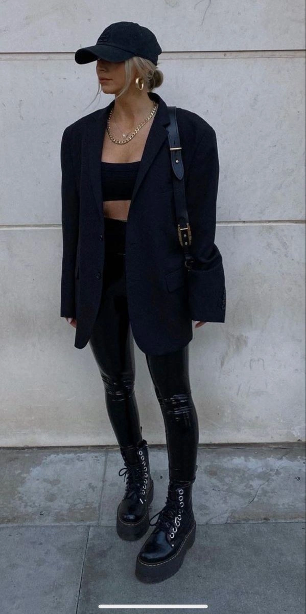 Oversized black blazer with black leather leggings and boots