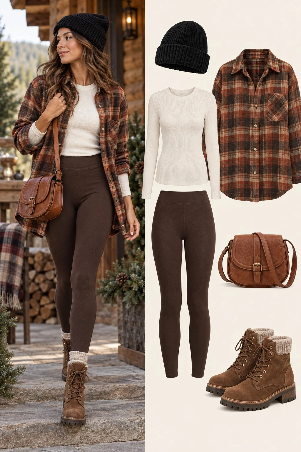 Plaid flannel shirt with dark leggings and boots