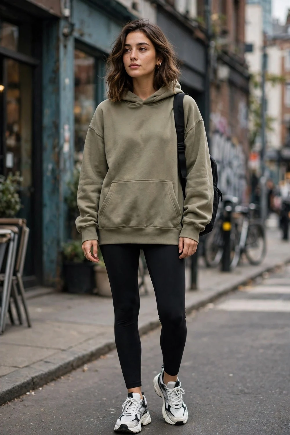 Olive hoodie with black leggings and sneakers