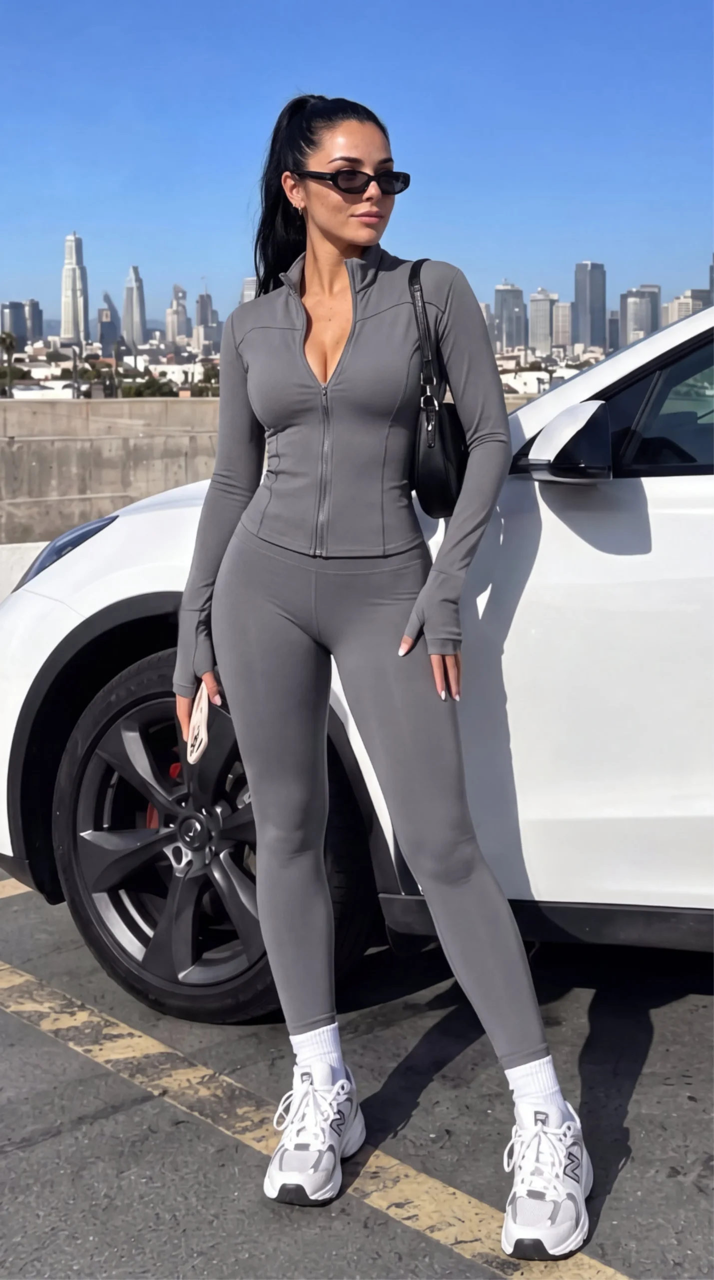 Grey zip jacket with grey leggings and sneakers