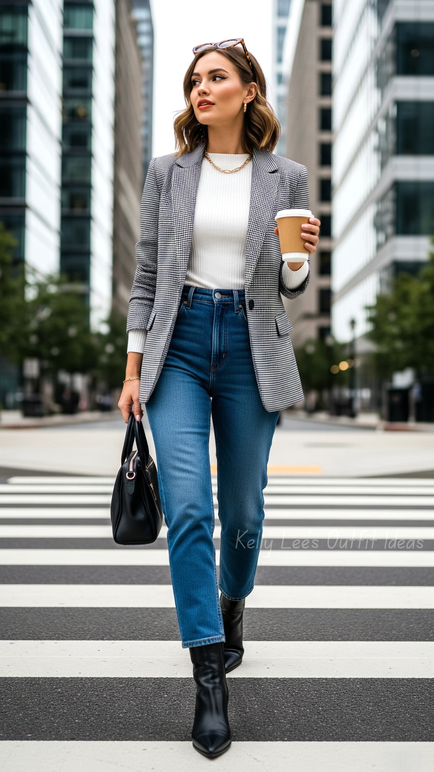 Woman wearing straight-leg jeans with ankle boots and a blazer for fall