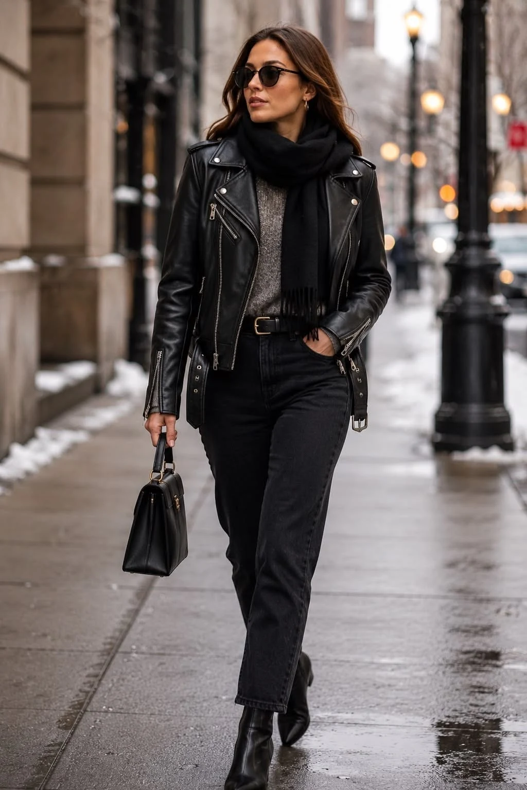 Woman wearing black skinny jeans with black ankle boots and a leather jacket