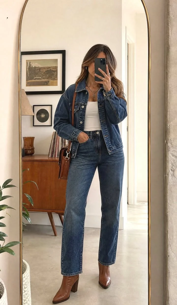 Woman wearing a denim jacket and jeans with brown boots in fall