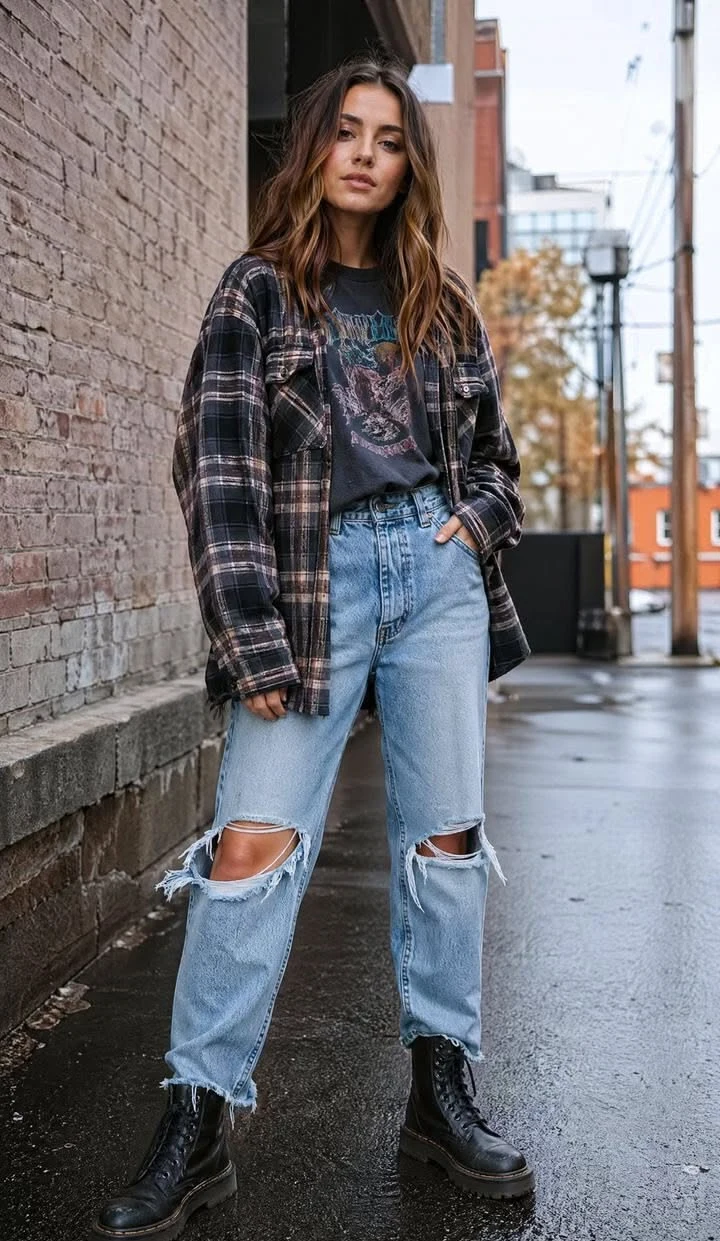 Woman wearing ripped jeans with combat boots and a plaid shacket in fall