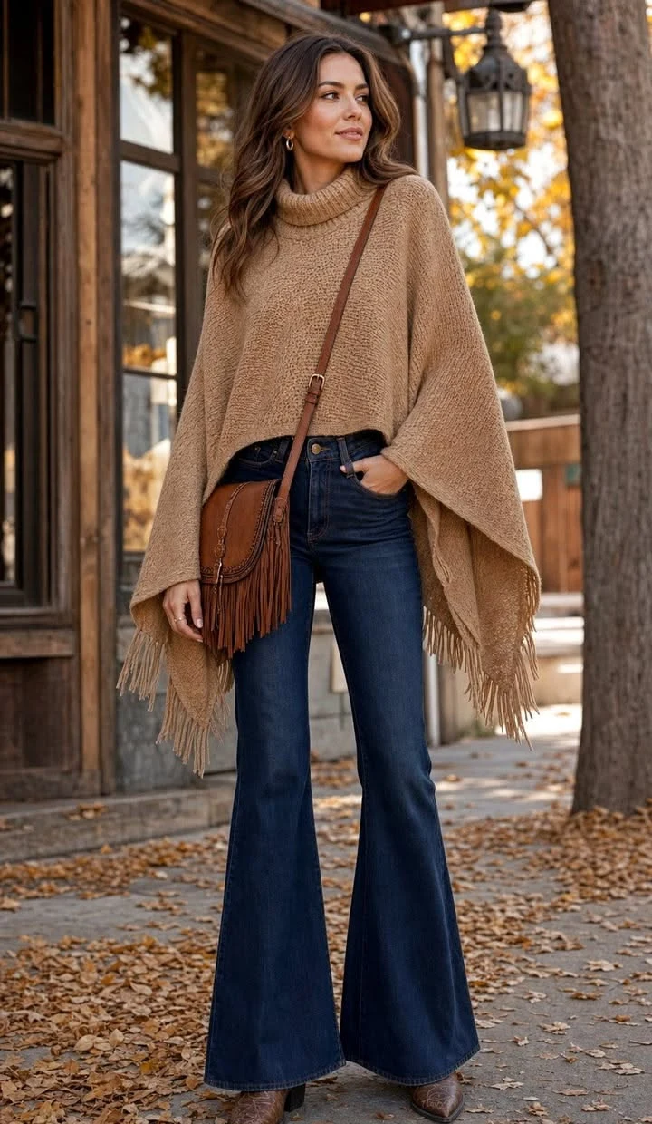 Woman wearing bootcut jeans with heeled boots and a poncho in fall