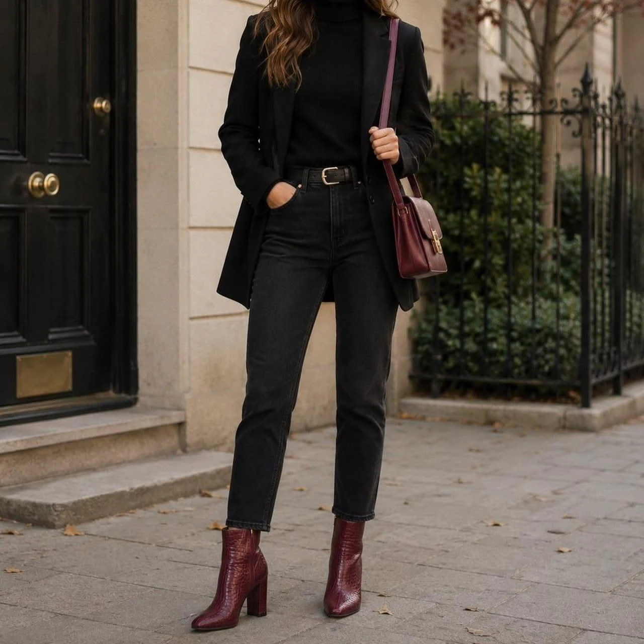 Woman wearing black jeans with burgundy boots and a warm coat in fall