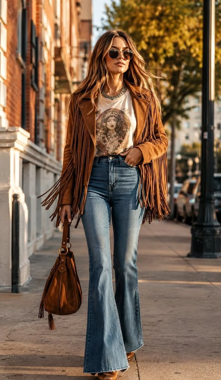 Woman wearing flare jeans with western boots and a fringe jacket in fall
