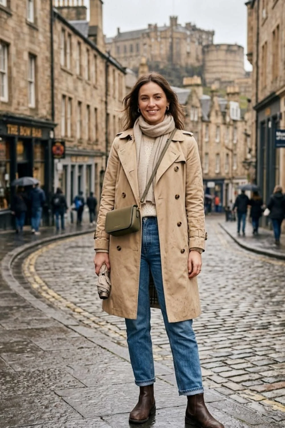 Woman wearing dark jeans with tan Chelsea boots and a trench coat