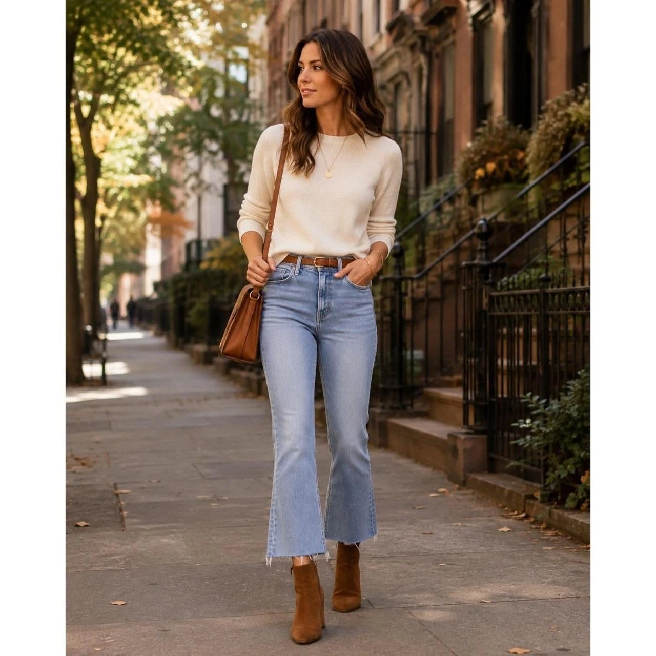 Woman wearing cropped flare jeans with block heel boots and a cozy sweater