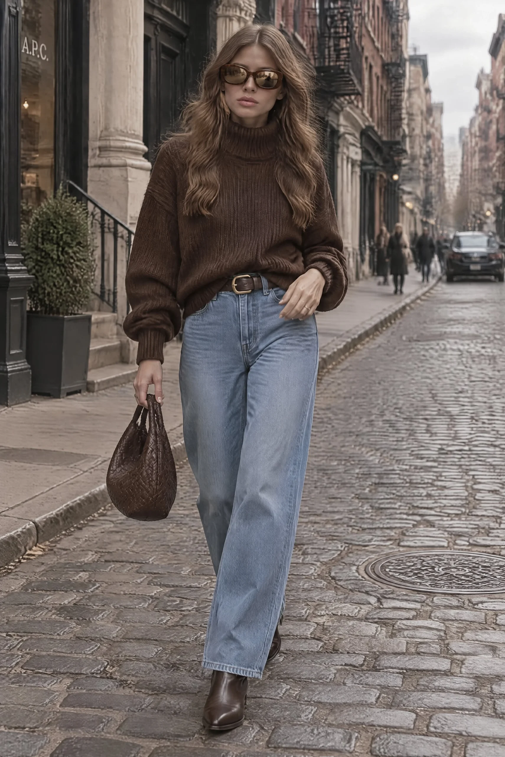 Woman wearing vintage wash jeans with brown boots and a chunky turtleneck in fall