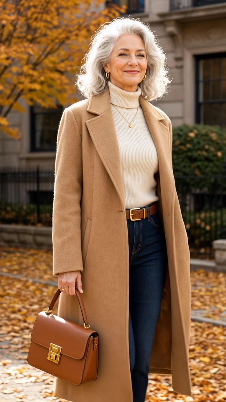 Woman over 50 wearing a camel coat, cream turtleneck and dark jeans with a brown handbag