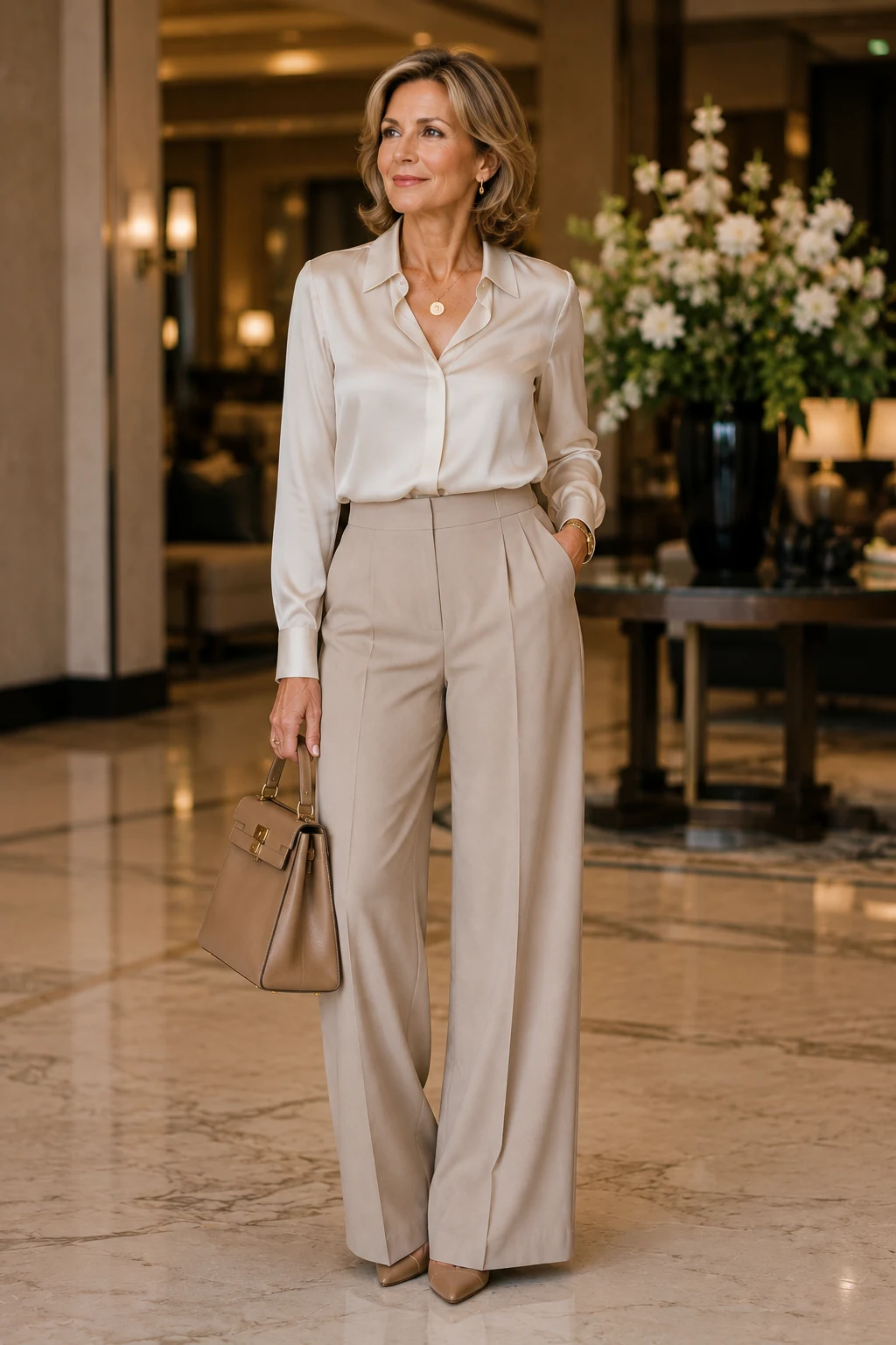 Woman over 50 wearing a cream silk blouse with beige wide leg trousers