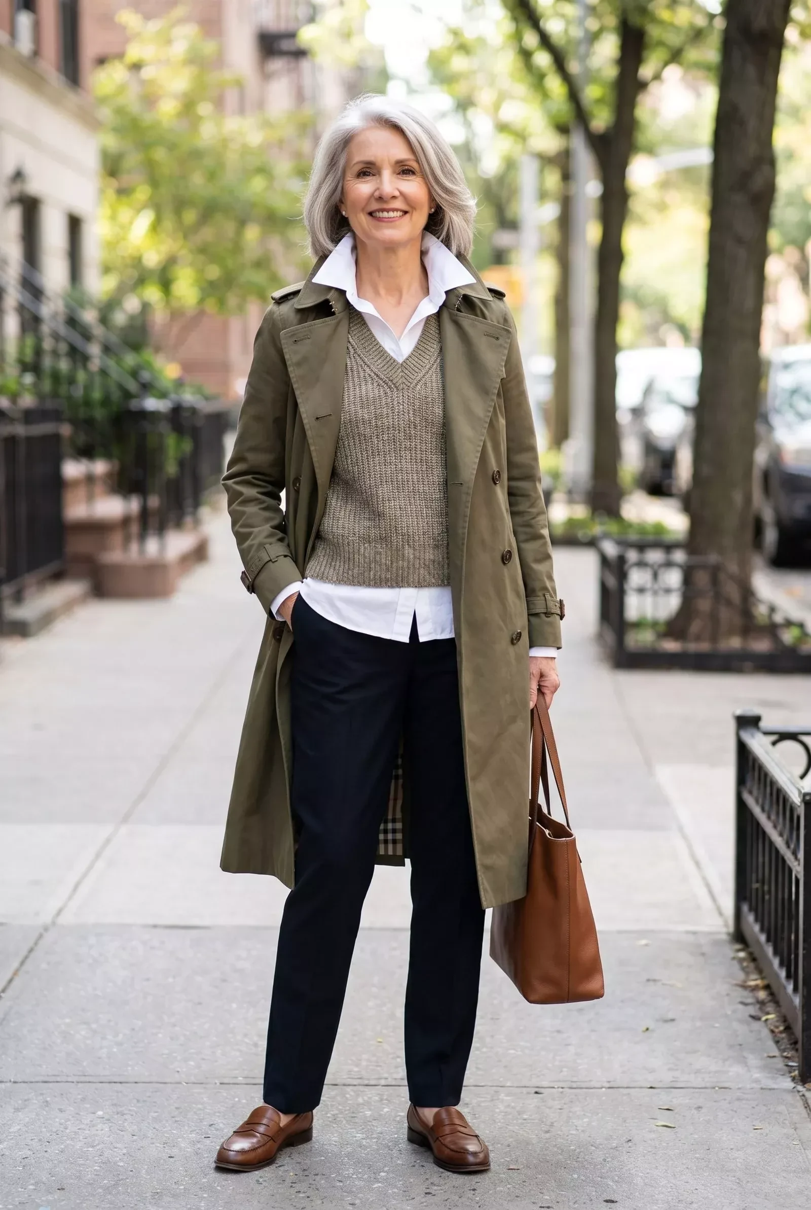 Woman over 50 wearing an olive trench coat over a knit with dark trousers