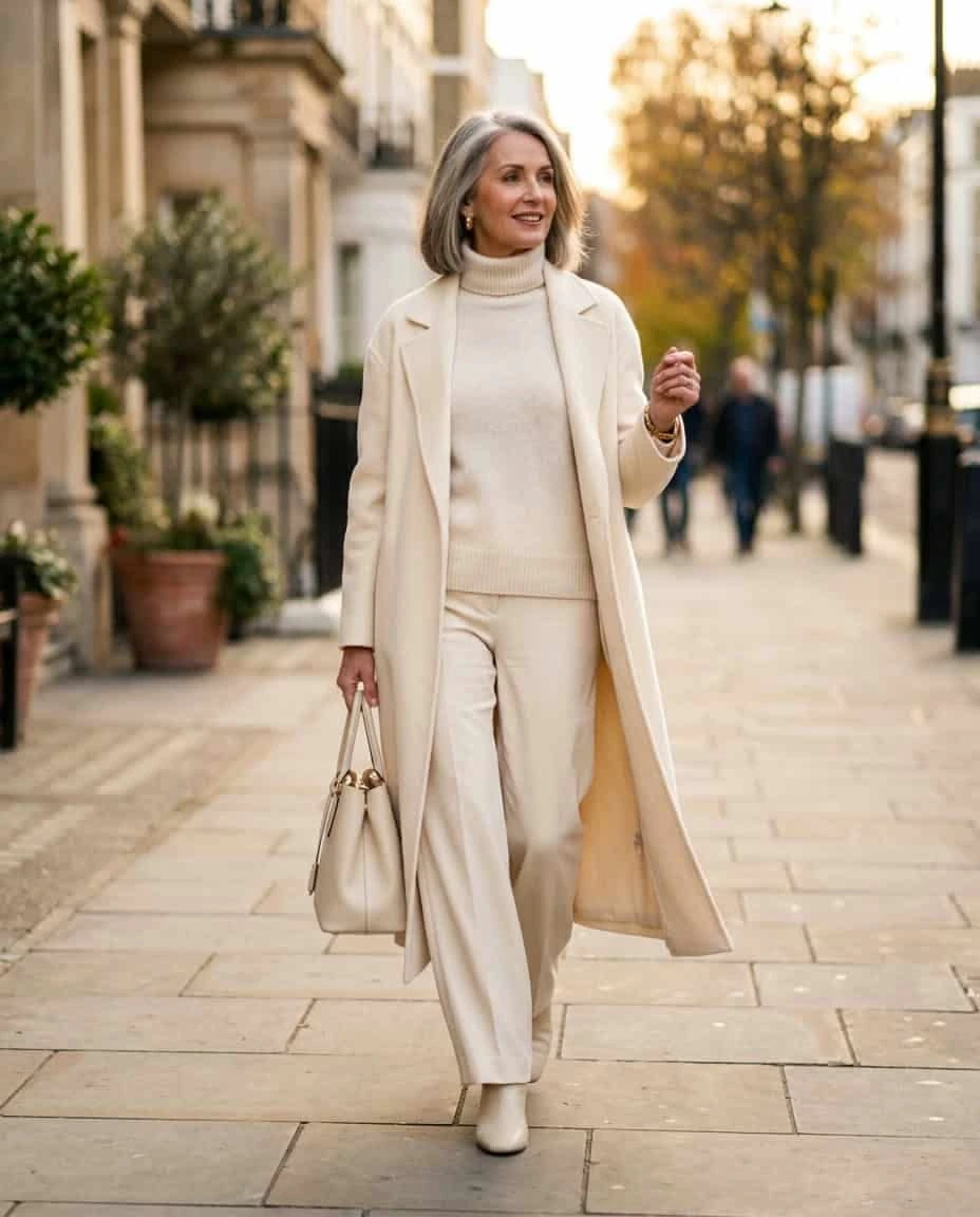 Woman over 50 wearing cream knit layers under a long cream coat