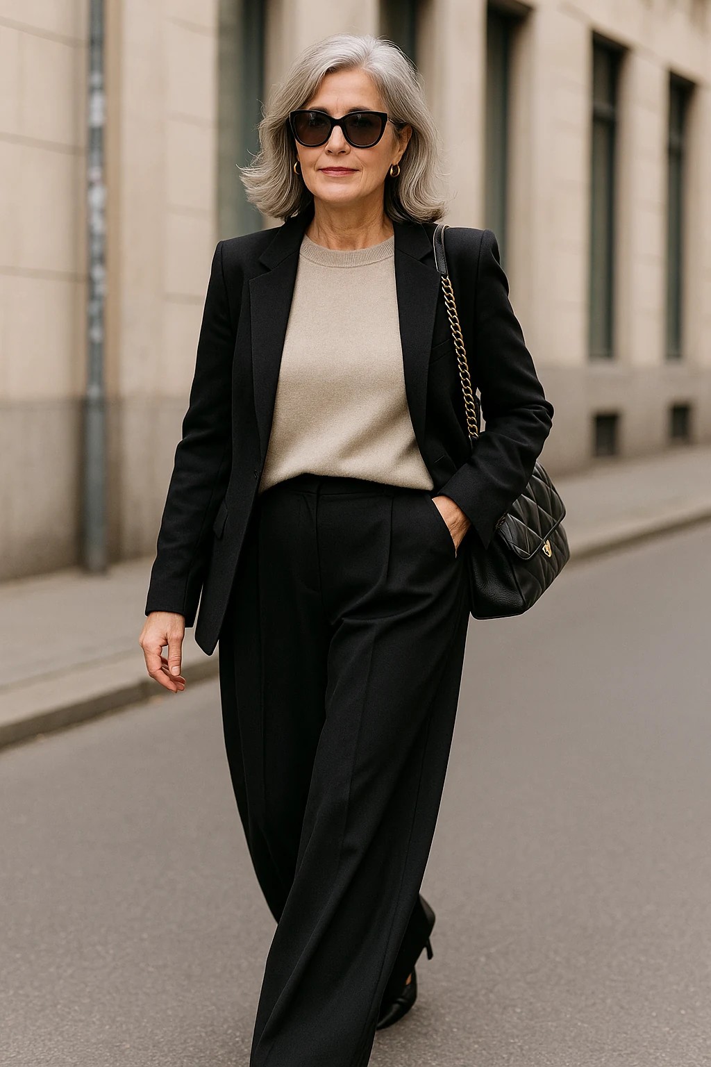 Woman over 50 wearing a black blazer with a beige top and black wide leg trousers
