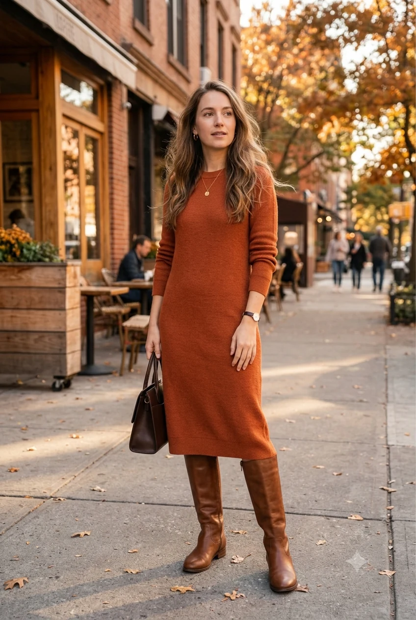 Woman wearing a rust knit midi dress with tan knee high boots