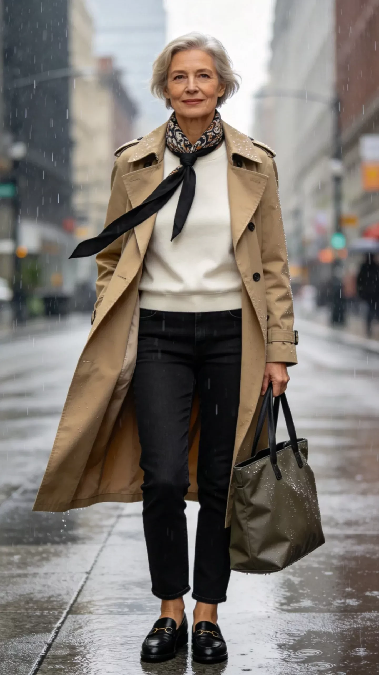 Woman over 50 wearing a beige trench coat with a white knit and black trousers