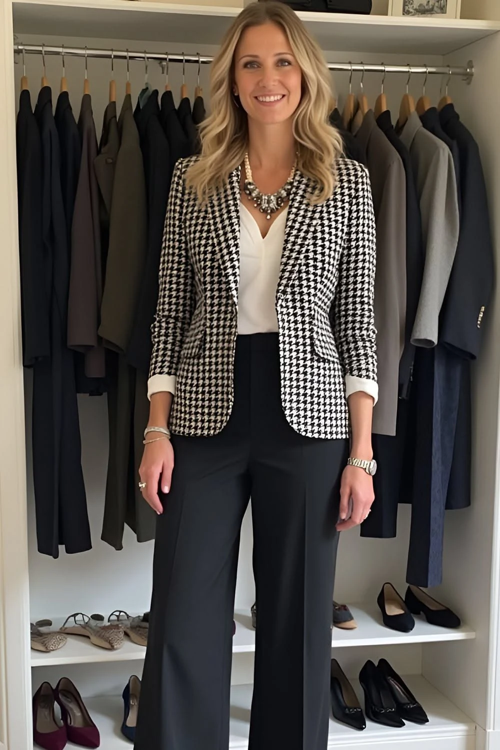 Woman wearing a houndstooth blazer with a white top and black wide leg trousers