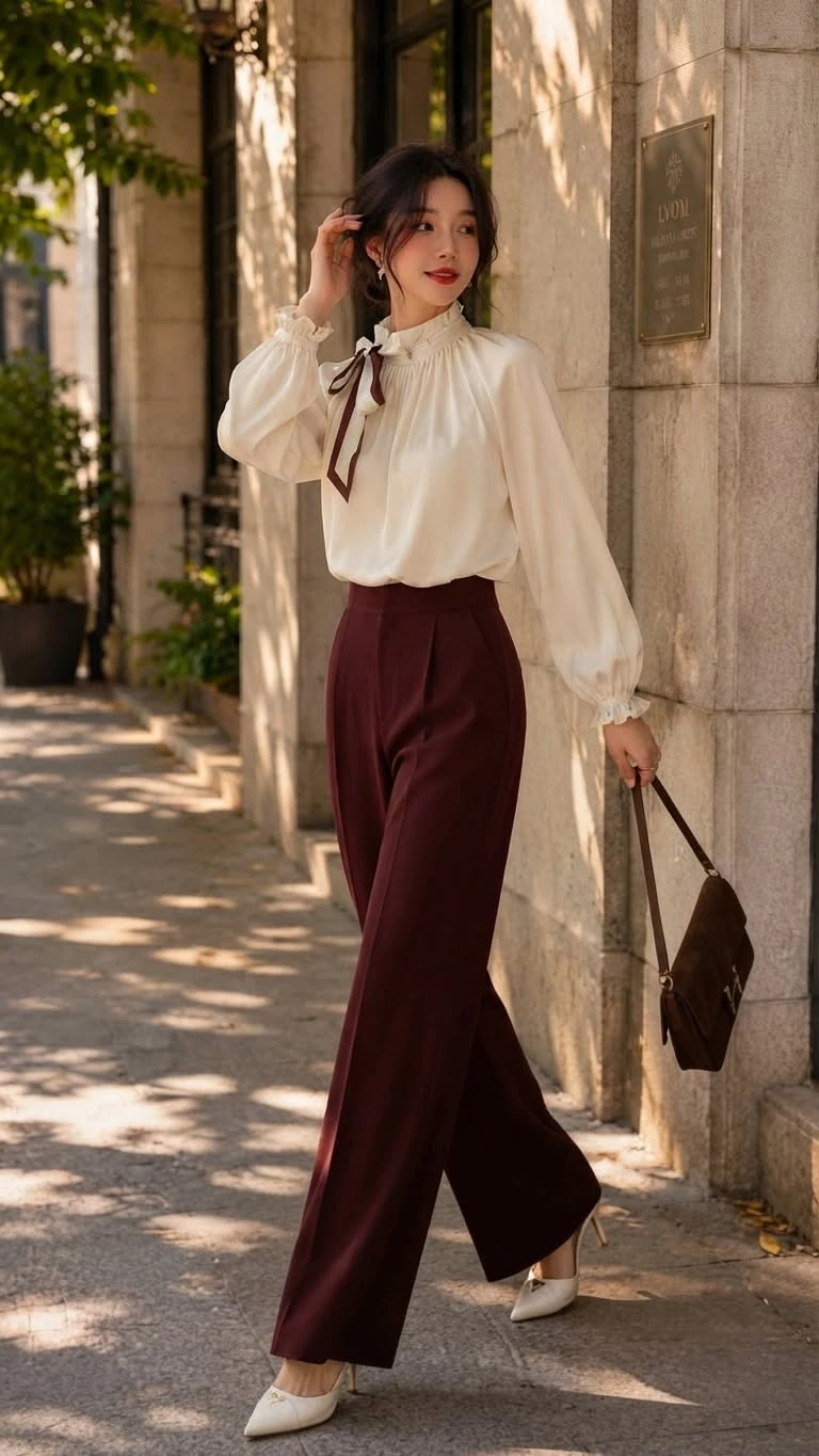 Woman wearing an ivory blouse with burgundy wide leg trousers