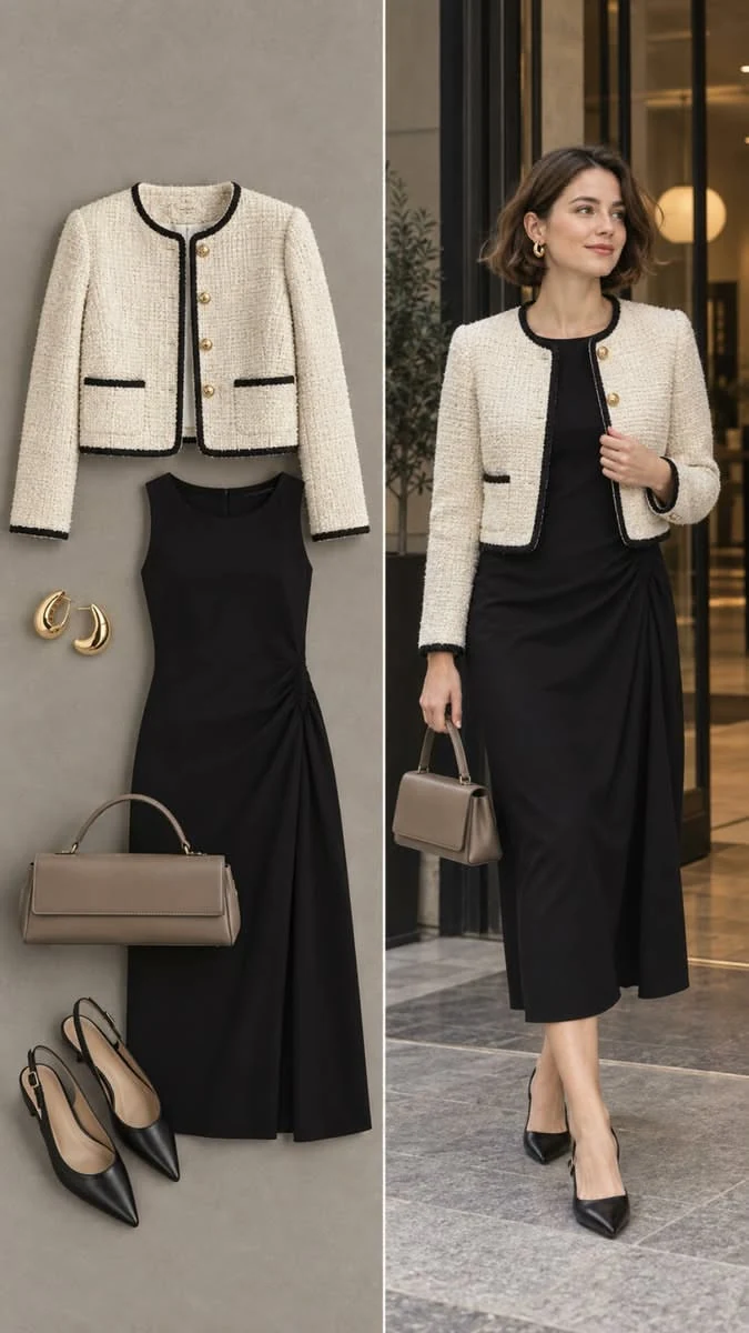 Woman wearing a cream blazer over a black dress