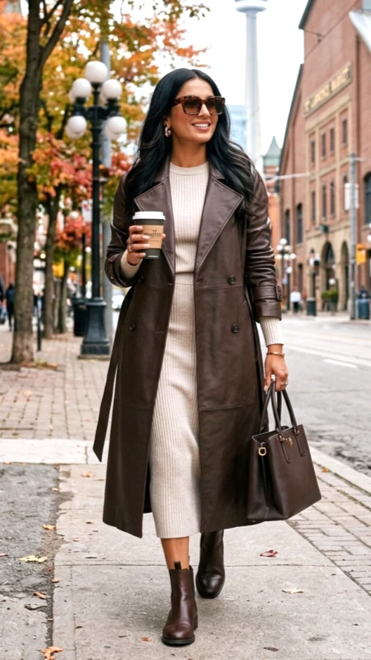 Woman wearing a brown leather coat over a cream knit dress