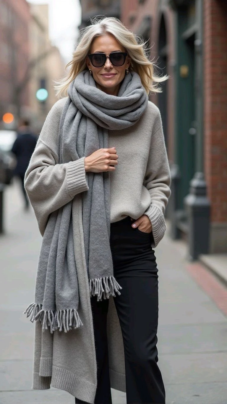 Woman over 50 wearing a grey coat with a grey scarf and black trousers
