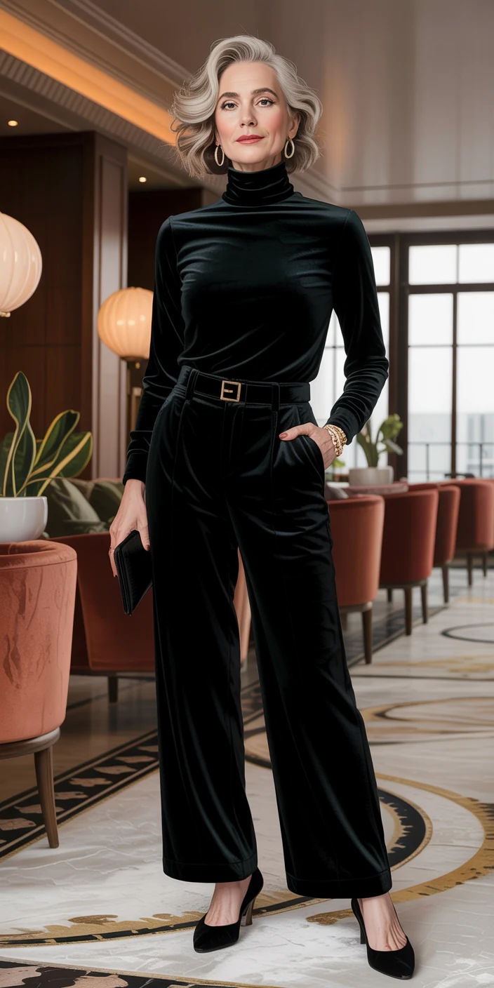 Woman over 50 wearing a black velvet top with black velvet trousers