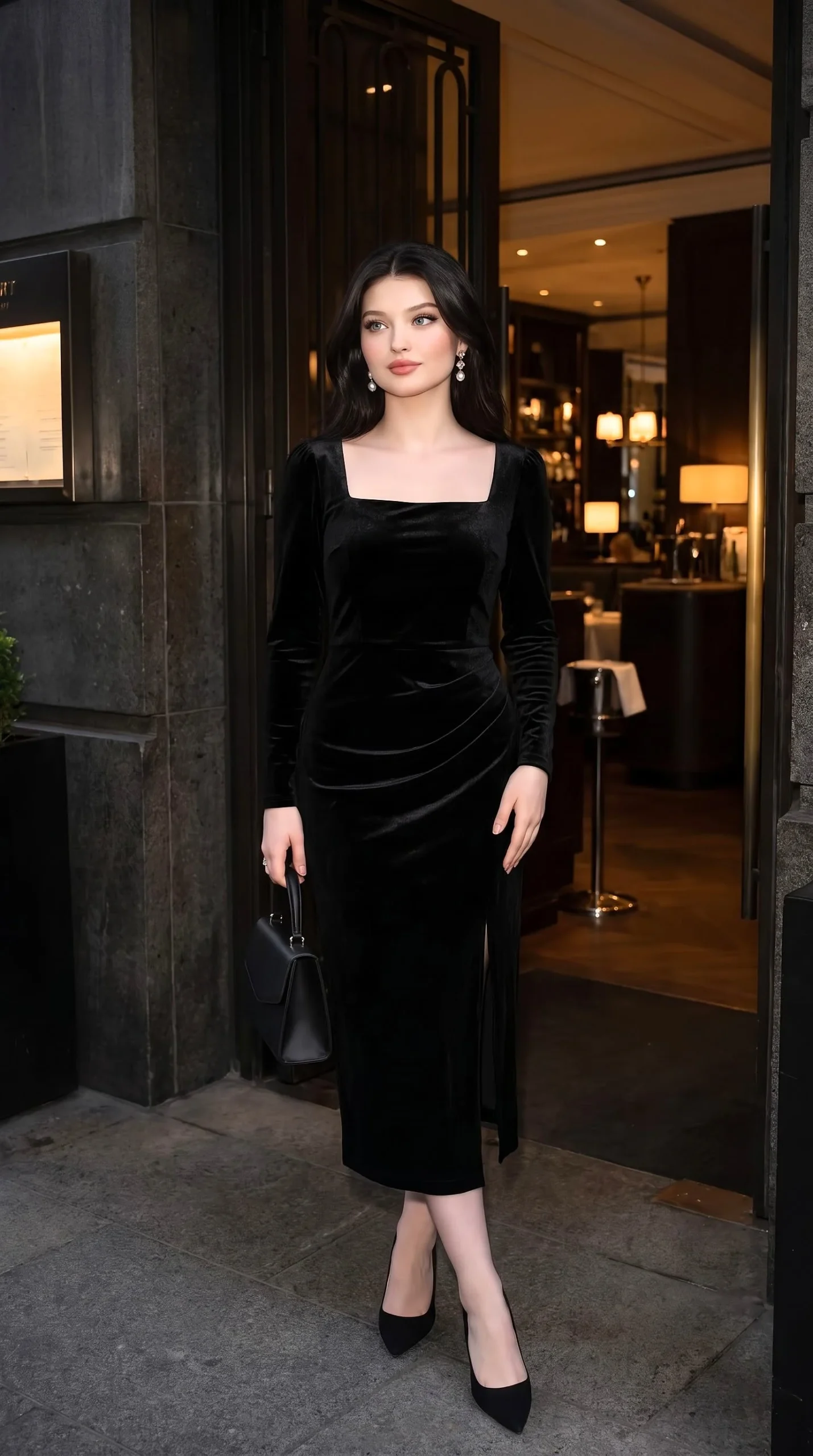 Black velvet midi dress for a fall date night