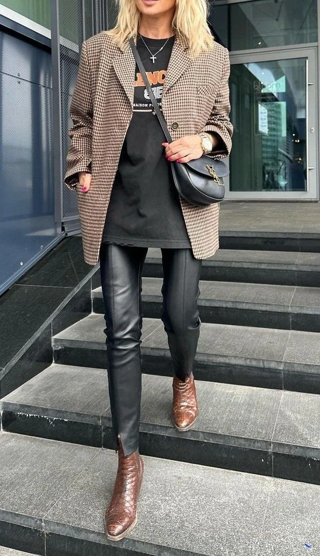 Checked blazer with black leather pants and boots