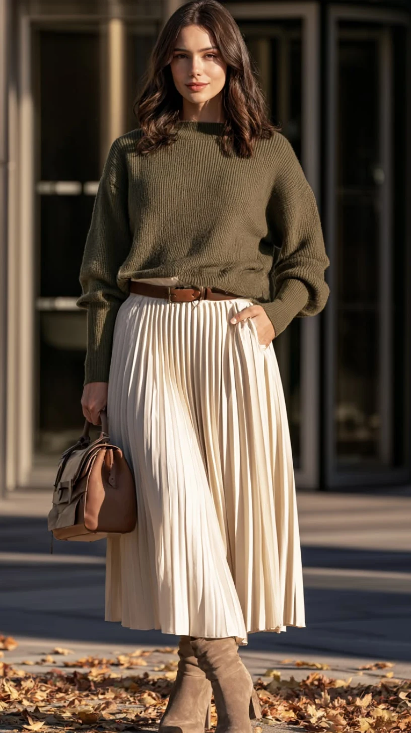 Olive sweater with a cream pleated midi skirt and boots