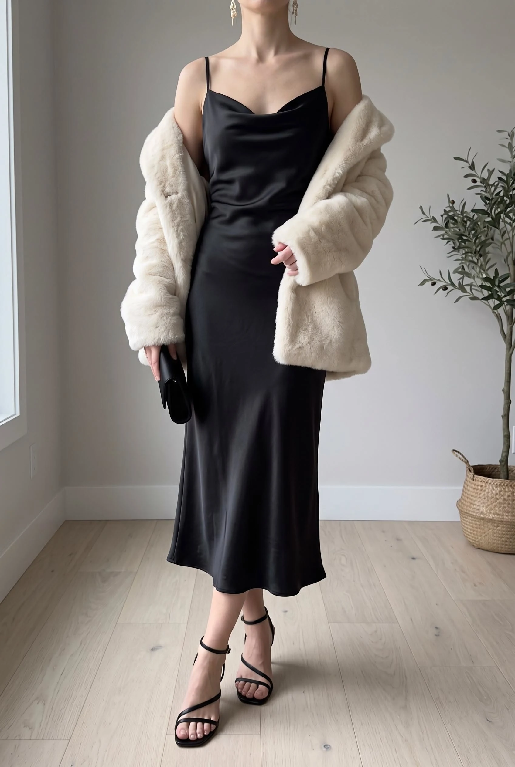 Black slip dress with a cream faux fur coat