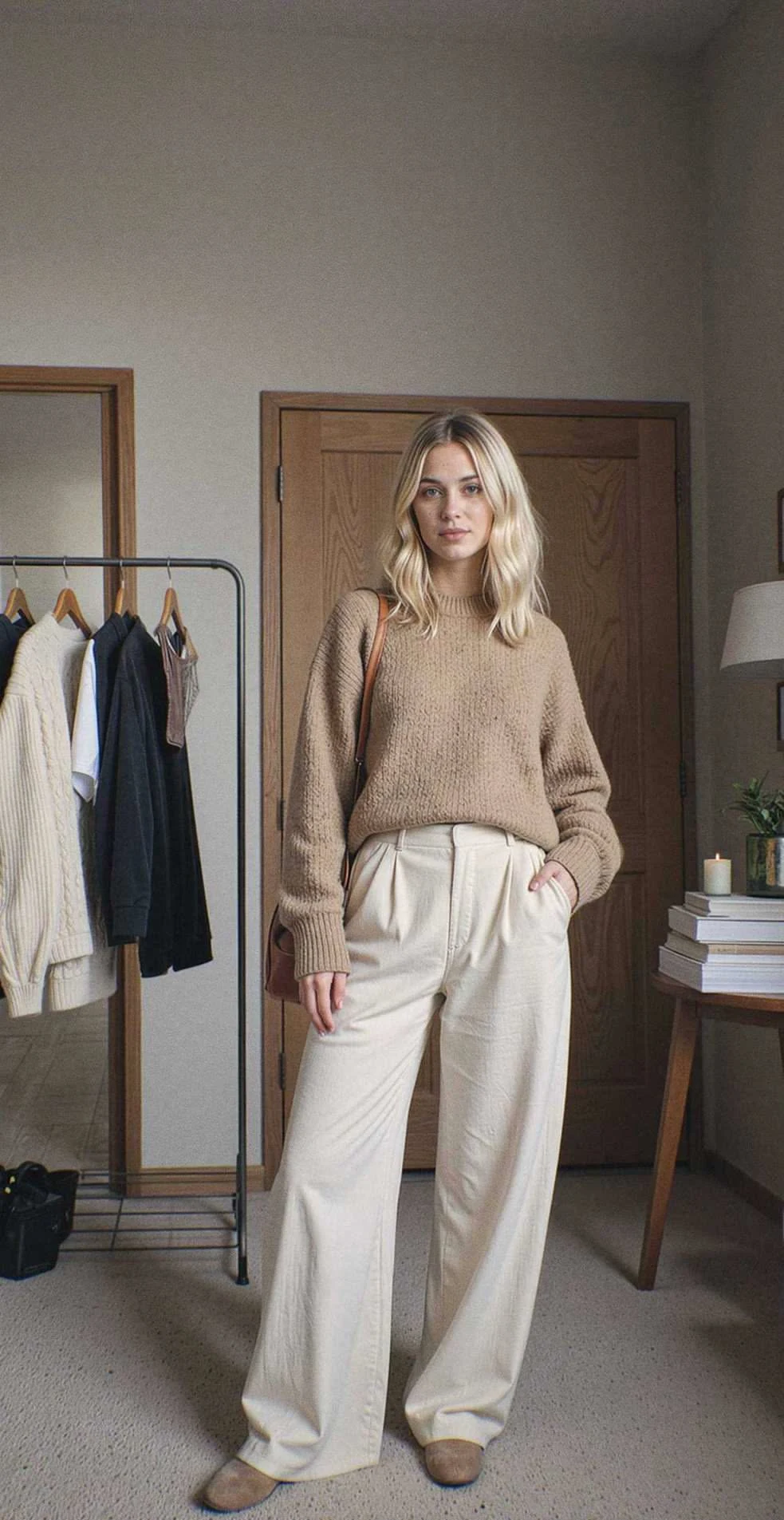 Oatmeal oversized roll neck sweater with wide leg trousers