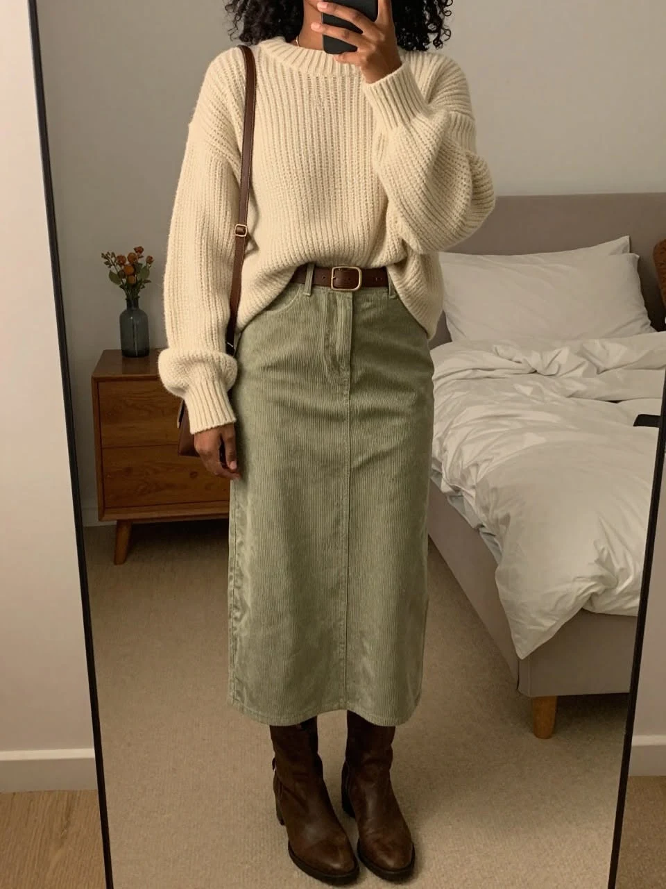 Sage oversized sweater with denim midi skirt
